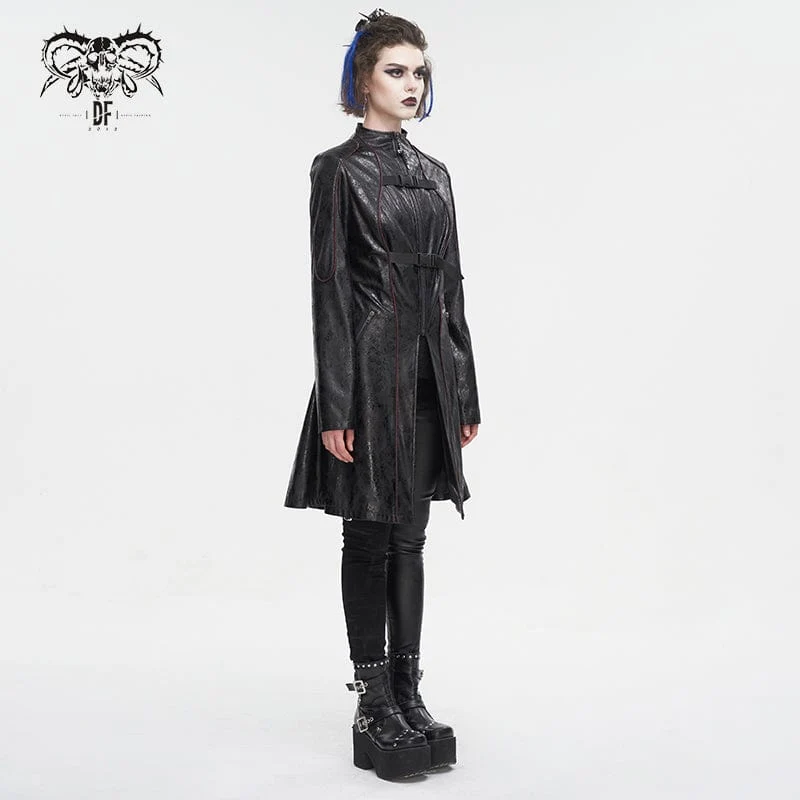 Punk-Mantel aus Kunstleder mit Doppelschnalle für Damen in Schwarz