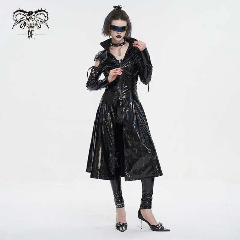 Damen-Punk-Mantel aus Lackleder mit Schnürung und Mesh-Splice-Effekt