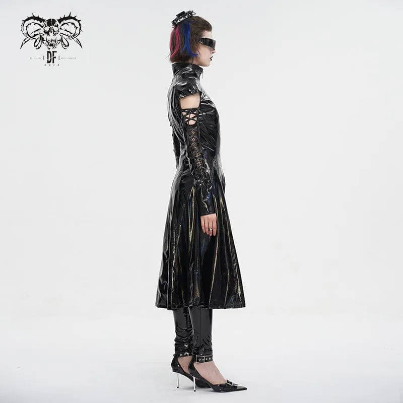 Damen-Punk-Mantel aus Lackleder mit Schnürung und Mesh-Splice-Effekt