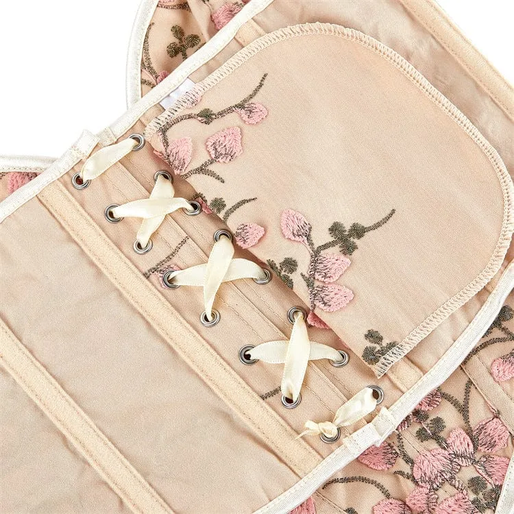 Damen Gothic Vollbrustkorsett mit tiefem Ausschnitt und floraler Stickerei