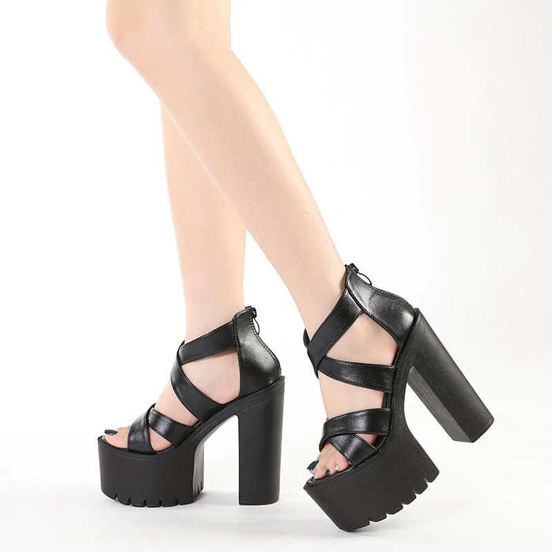 Punk-Sandalen für Damen mit gekreuztem Reißverschluss und klobigem Absatz
