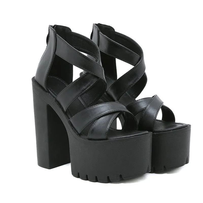 Punk-Sandalen für Damen mit gekreuztem Reißverschluss und klobigem Absatz