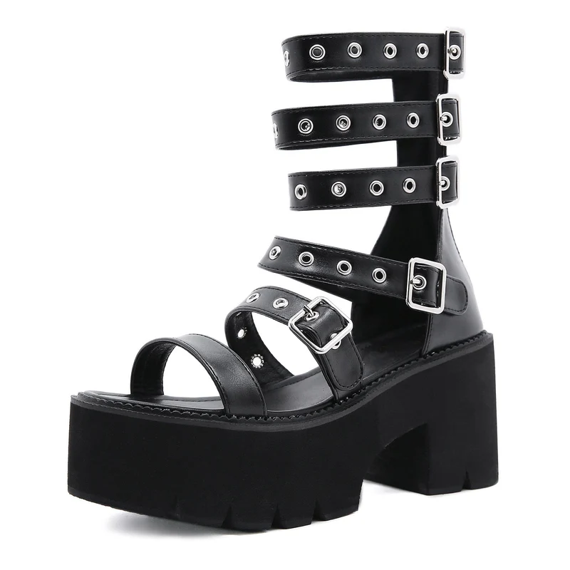 Damen-Sandalen mit Punk-Ösen, geschichteten Schnallen, offener Zehenpartie und Plateausohle