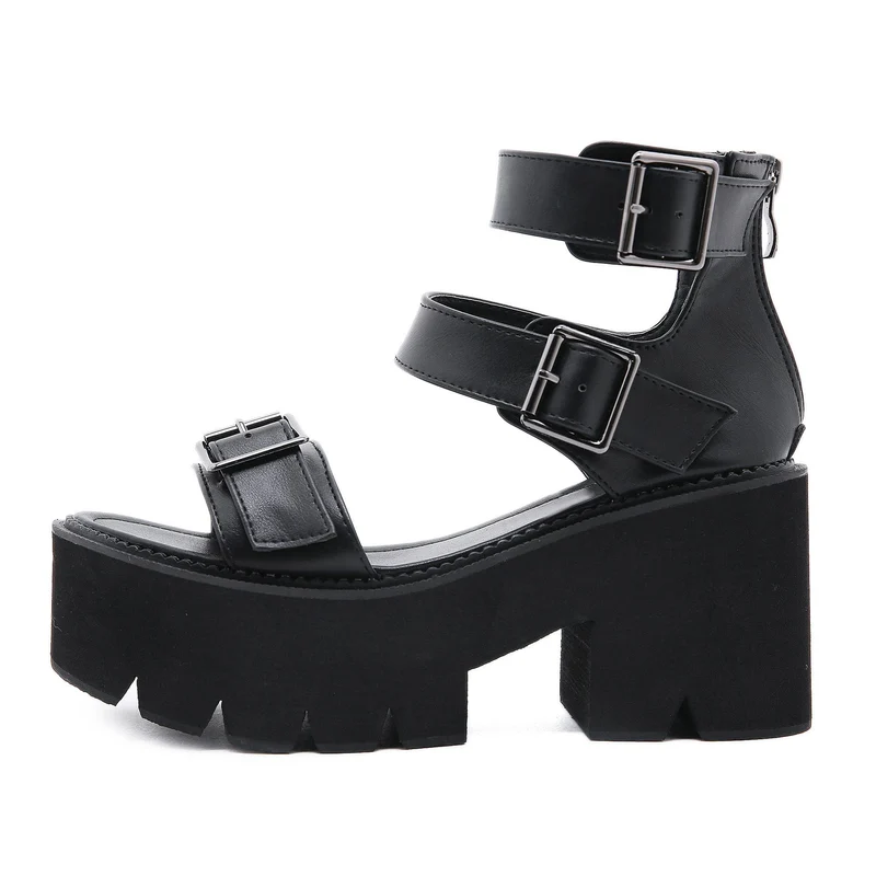 Punk-Reißverschluss-Bucles-Plateausandalen mit offener Zehenpartie für Damen
