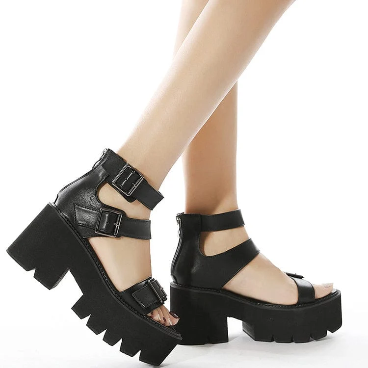 Punk-Reißverschluss-Bucles-Plateausandalen mit offener Zehenpartie für Damen