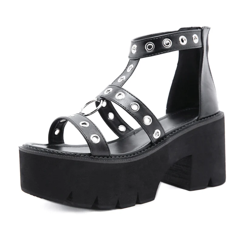 Punk-Ösen-Ring-Reißverschluss-Sandalen für Damen