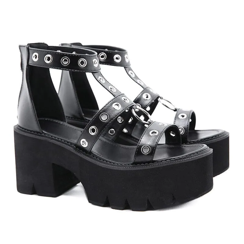 Punk-Ösen-Ring-Reißverschluss-Sandalen für Damen