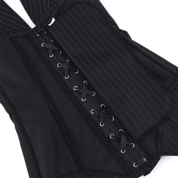 Gothic-Nadelstreifen-Halterneck-Korsett mit Reißverschluss über der Brust für Damen