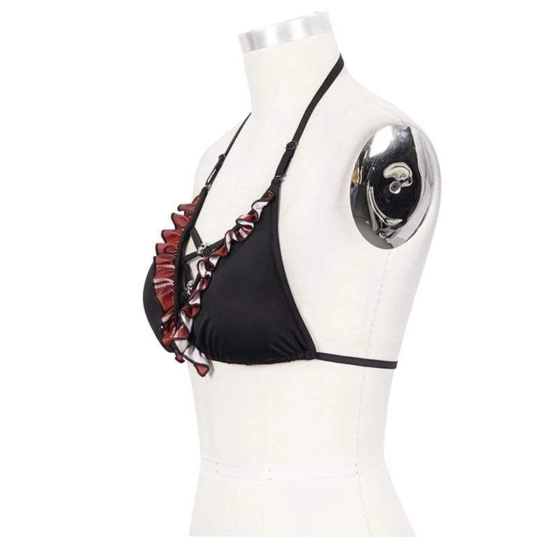 Damen Grunge Black Neckholder Bikini Top mit Scottish Check Rüschen