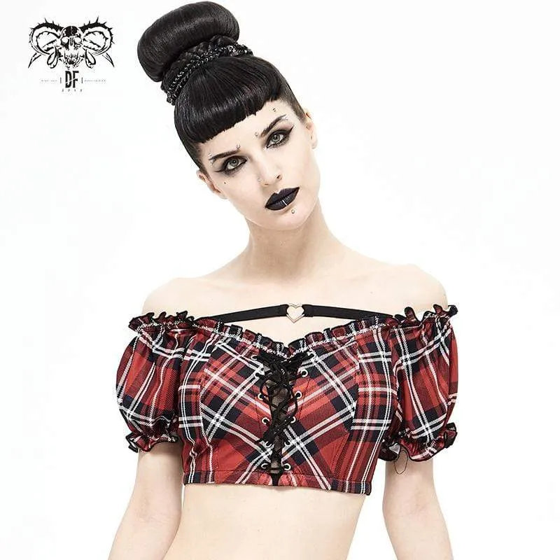 Damen Grunge Red Scottish Check Spitze Longline Swim Top