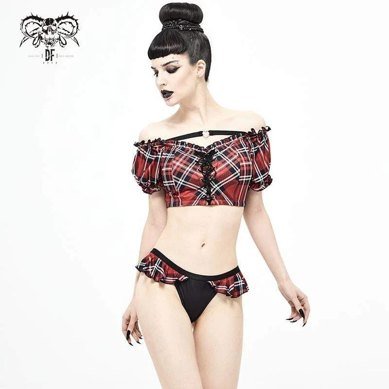 Damen Grunge Red Scottish Check Spitze Longline Swim Top