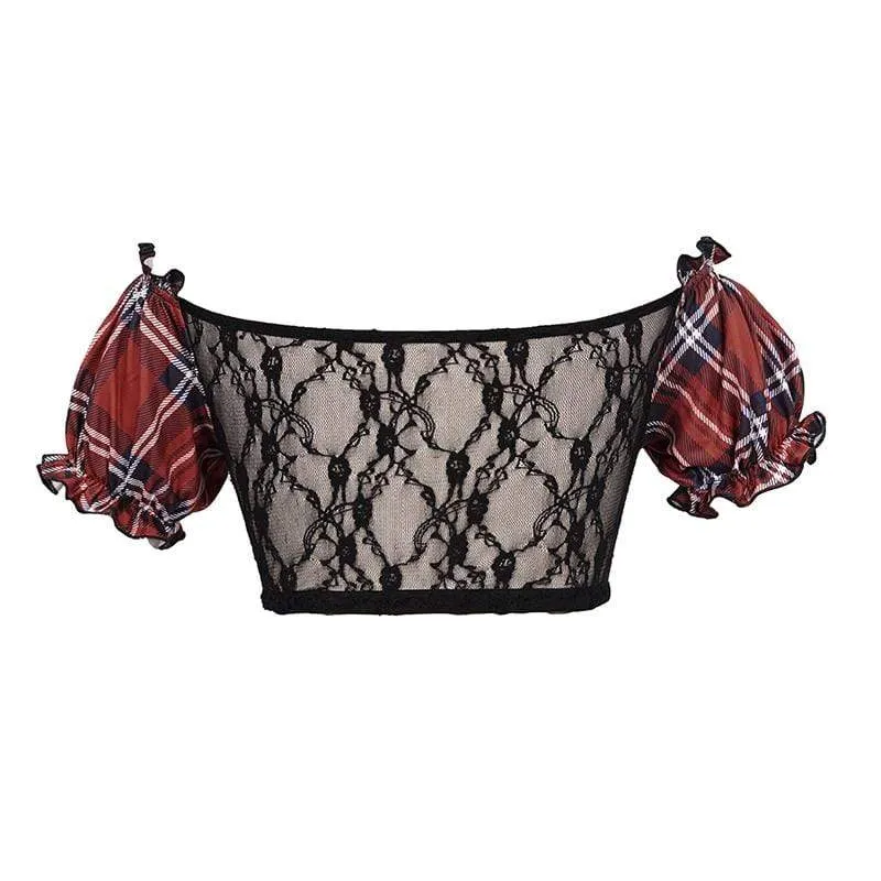 Damen Grunge Red Scottish Check Spitze Longline Swim Top