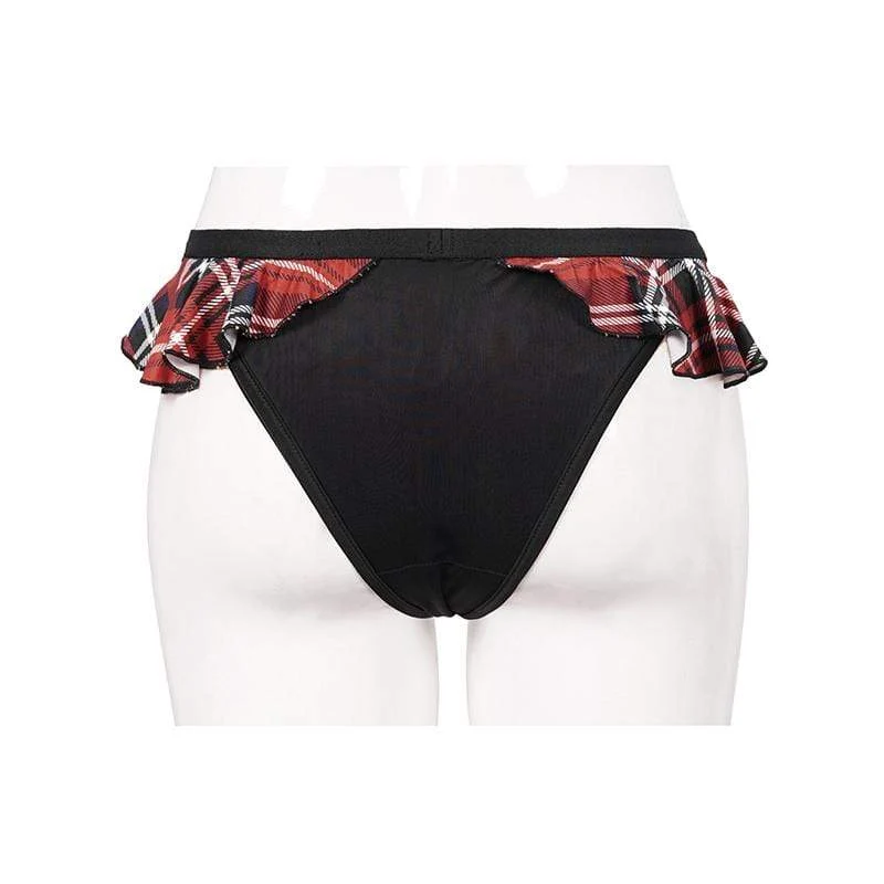 Frauen Grunge Black Cheeky Bikini Bottoms mit Scottish Check Rüschen