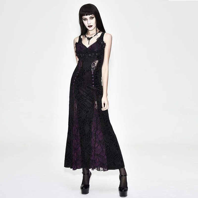 Violettes, bodenlanges Gothic-Abendkleid aus Spitze für Damen