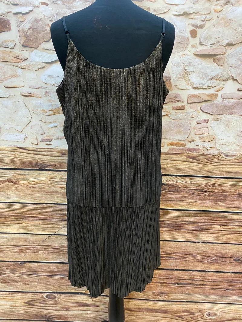 Gold‑schwarzes Metallic‑Plissé‑Kleid von Bréal – Gr. 42