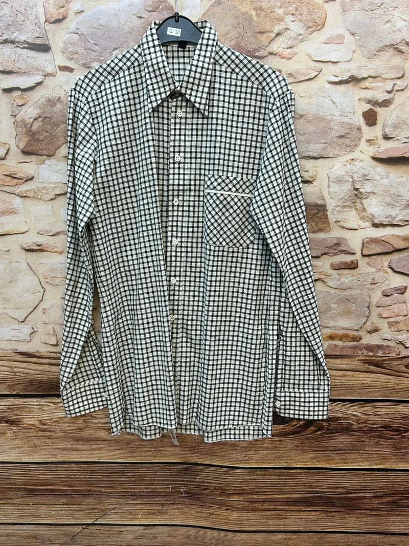 1970er Vintage Karohemd Herren Gr. 38 – Schwarz Weiß Retro Hemd