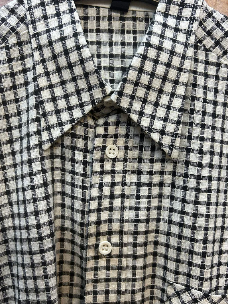 1970er Vintage Karohemd Herren Gr. 38 – Schwarz Weiß Retro Hemd