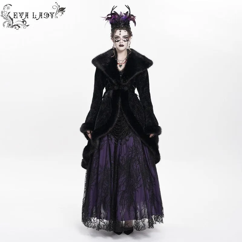 Gothic-Flauschmantel mit Blumenstickerei für Damen, Schwarz