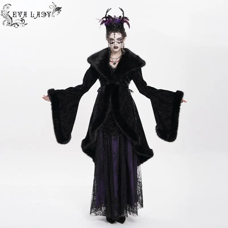 Gothic-Flauschmantel mit Blumenstickerei für Damen, Schwarz