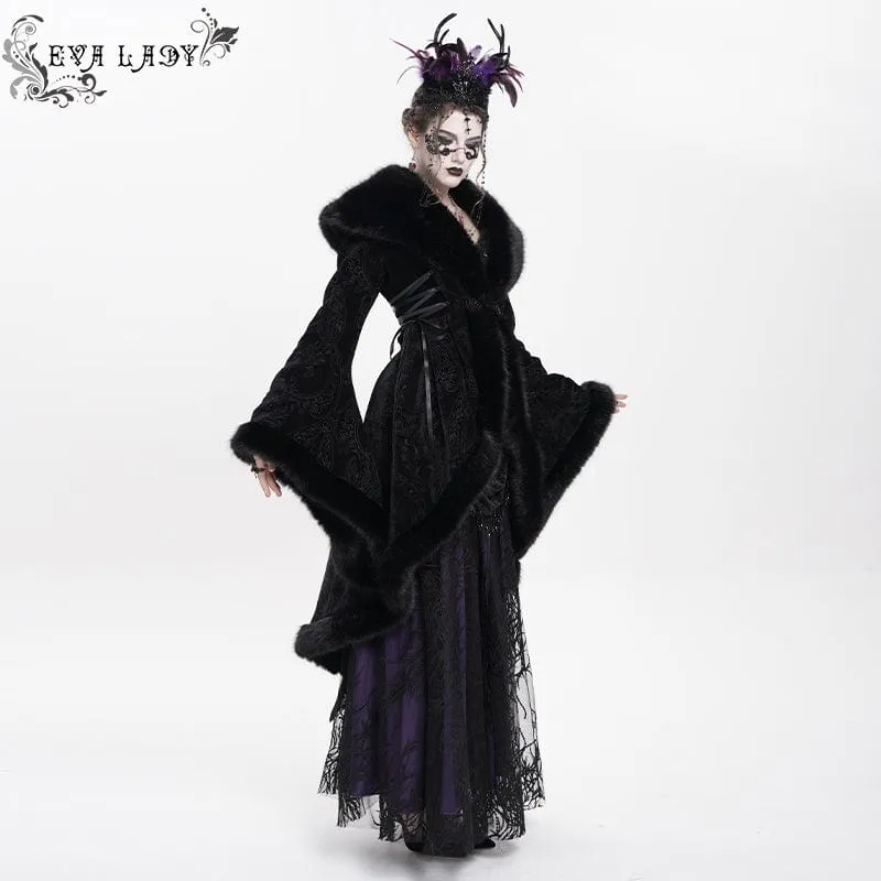 Gothic-Flauschmantel mit Blumenstickerei für Damen, Schwarz