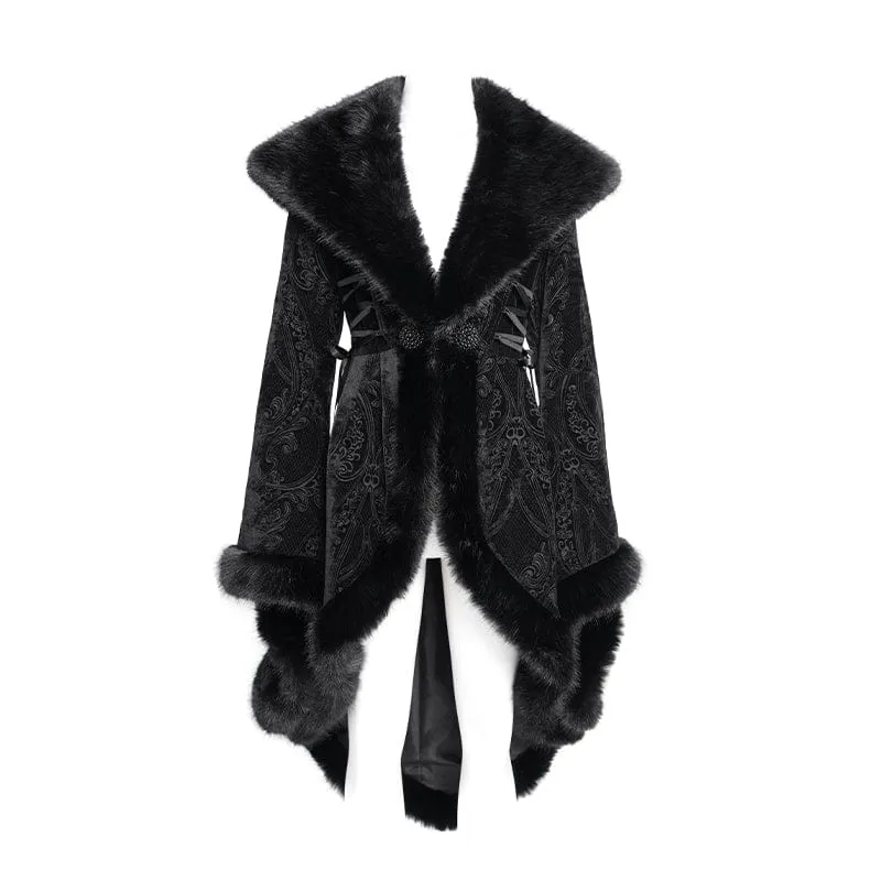 Gothic-Flauschmantel mit Blumenstickerei für Damen, Schwarz
