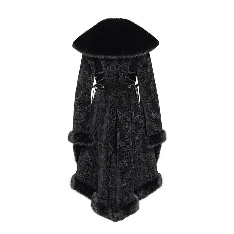 Gothic-Flauschmantel mit Blumenstickerei für Damen, Schwarz