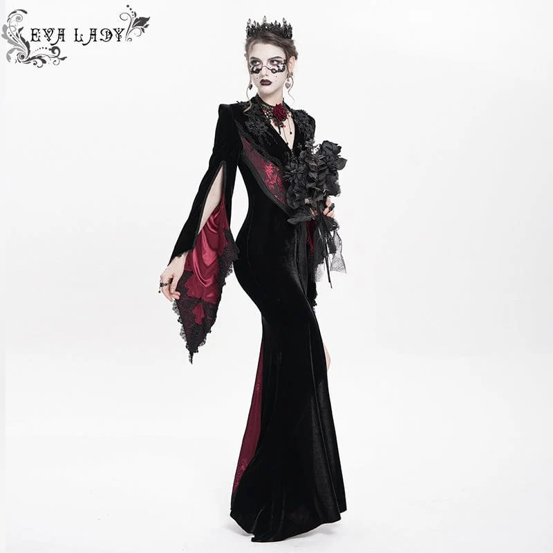 Langes, gotisches Samtkleid mit Blumenstickerei für Damen, rot