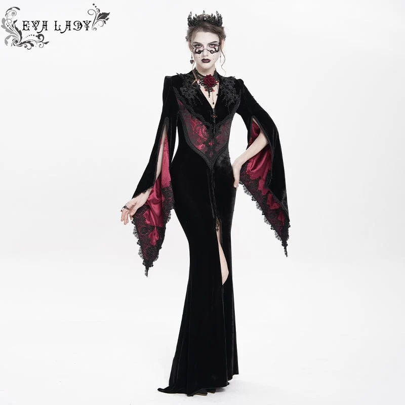 Langes, gotisches Samtkleid mit Blumenstickerei für Damen, rot