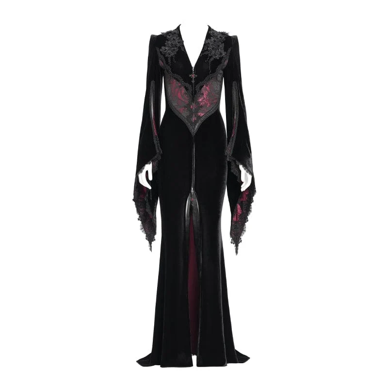 Langes, gotisches Samtkleid mit Blumenstickerei für Damen, rot
