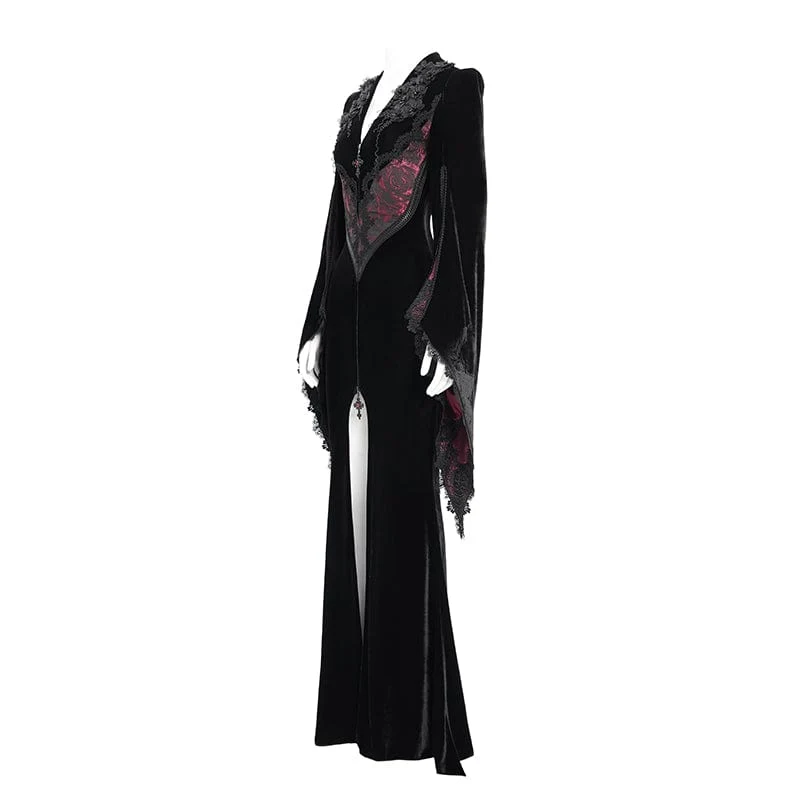 Langes, gotisches Samtkleid mit Blumenstickerei für Damen, rot