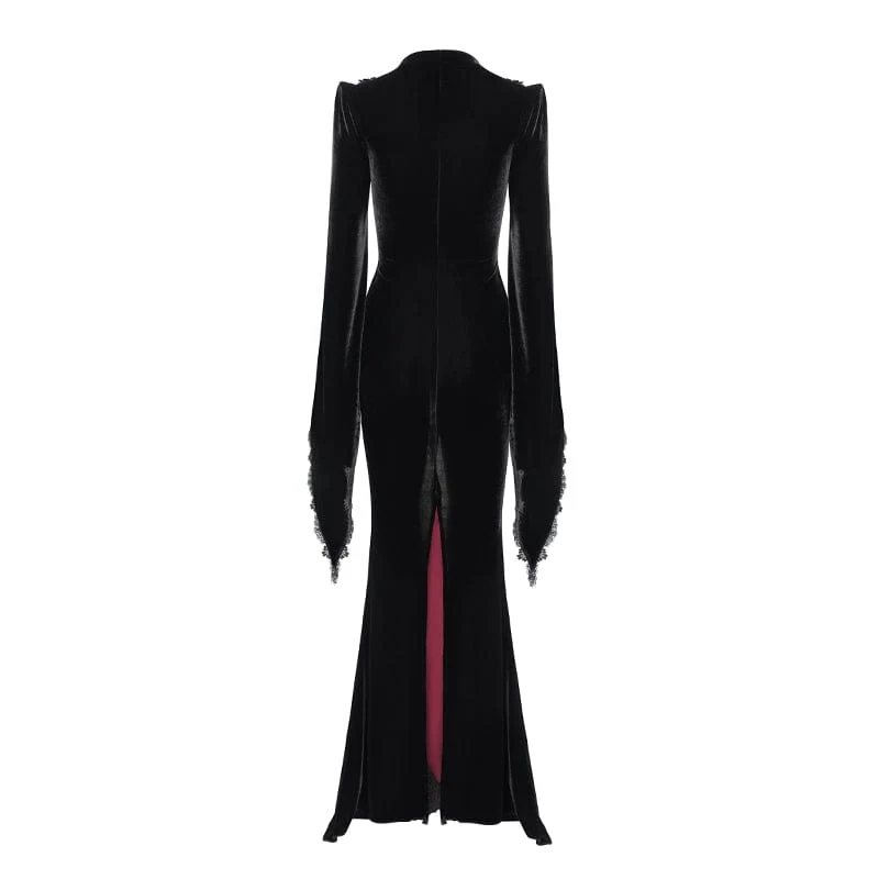 Langes, gotisches Samtkleid mit Blumenstickerei für Damen, rot