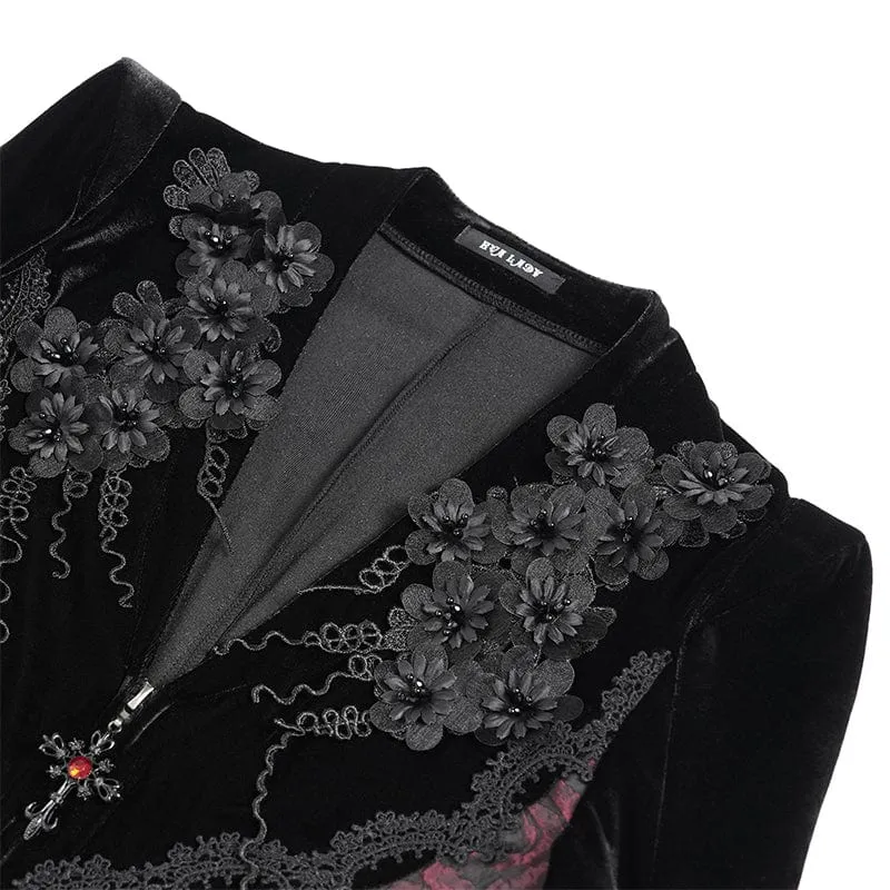 Langes, gotisches Samtkleid mit Blumenstickerei für Damen, rot