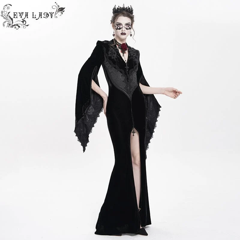 Schwarzes langes, gotisches Samtkleid mit Blumenstickerei für Damen – Hochzeitskleid