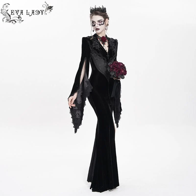 Schwarzes langes, gotisches Samtkleid mit Blumenstickerei für Damen – Hochzeitskleid