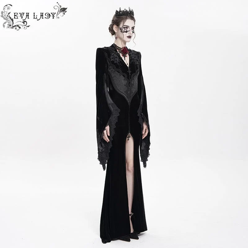Schwarzes langes, gotisches Samtkleid mit Blumenstickerei für Damen – Hochzeitskleid