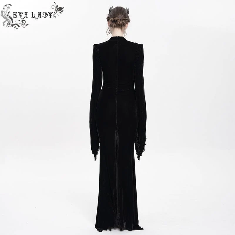Schwarzes langes, gotisches Samtkleid mit Blumenstickerei für Damen – Hochzeitskleid