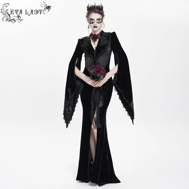Schwarzes langes, gotisches Samtkleid mit Blumenstickerei für Damen – Hochzeitskleid
