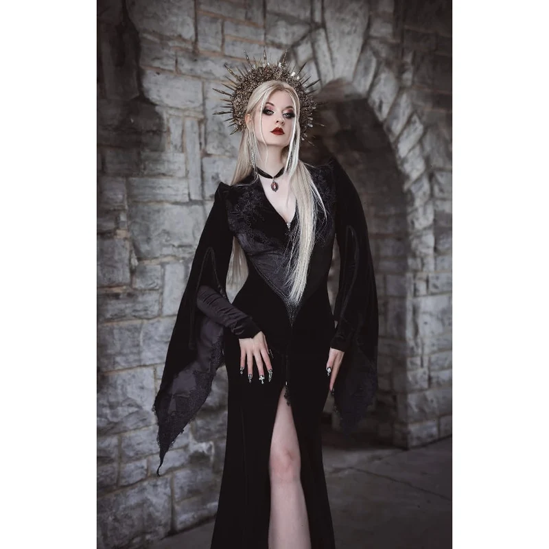 Schwarzes langes, gotisches Samtkleid mit Blumenstickerei für Damen – Hochzeitskleid