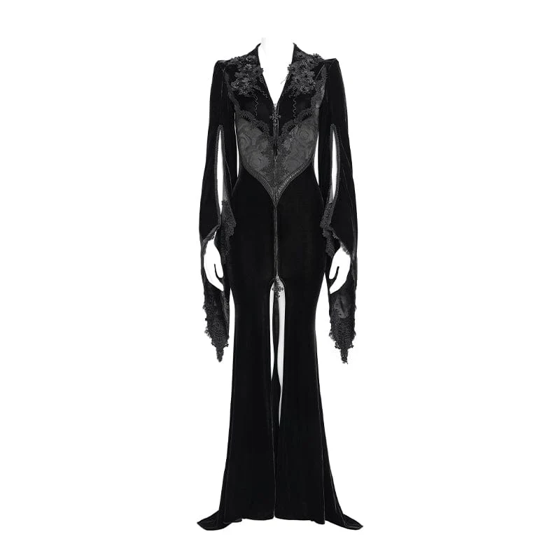 Schwarzes langes, gotisches Samtkleid mit Blumenstickerei für Damen – Hochzeitskleid