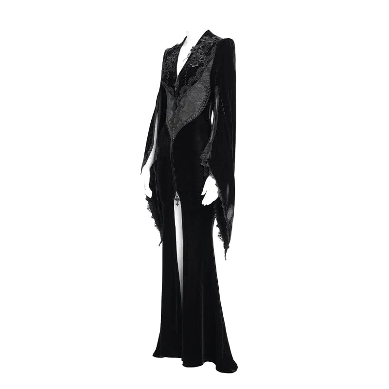 Schwarzes langes, gotisches Samtkleid mit Blumenstickerei für Damen – Hochzeitskleid