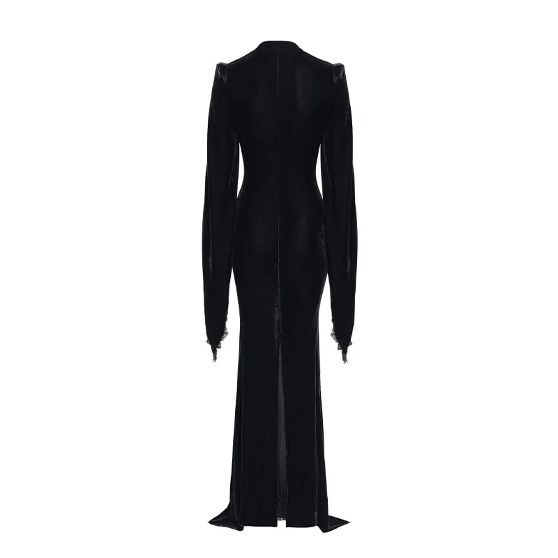 Schwarzes langes, gotisches Samtkleid mit Blumenstickerei für Damen – Hochzeitskleid