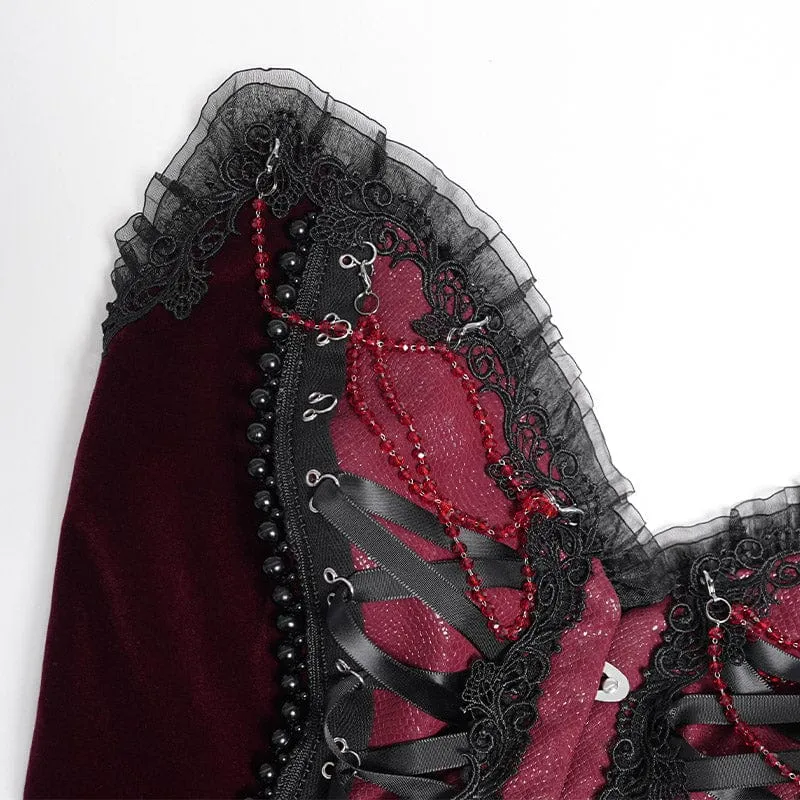 Gothic-Überbrustkorsett mit Schnürung und Perlenbesatz für Damen, Rot
