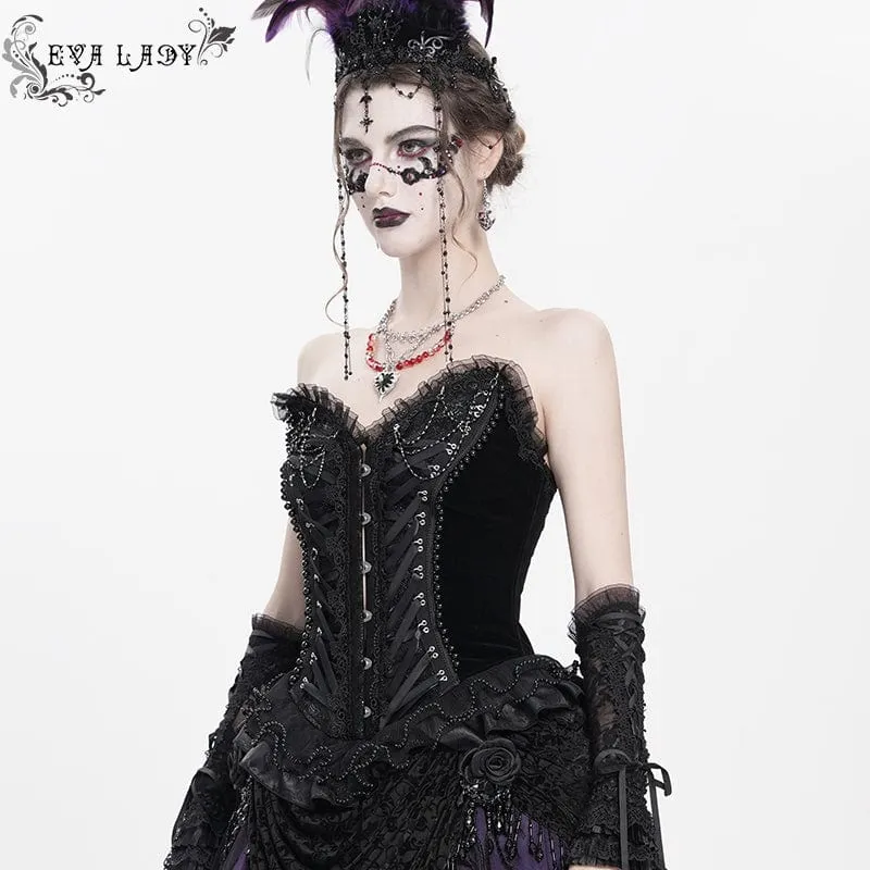 Gothic-Überbrustkorsett mit Schnürung und Perlenspitze für Damen, Schwarz