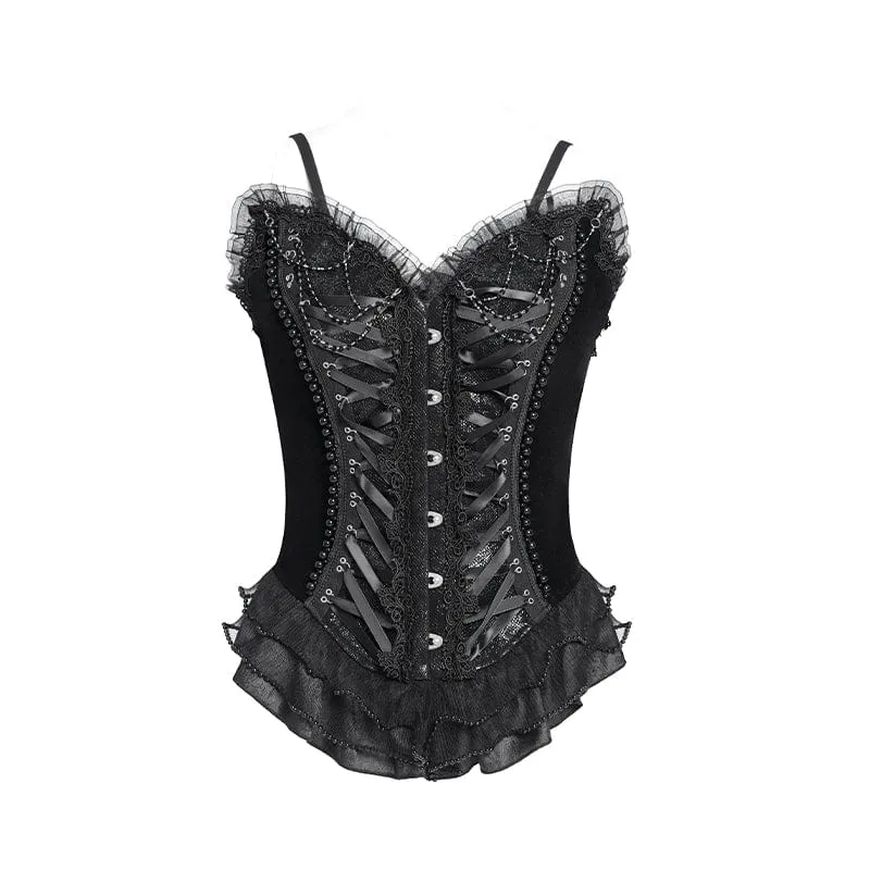 Gothic-Überbrustkorsett mit Schnürung und Perlenspitze für Damen, Schwarz