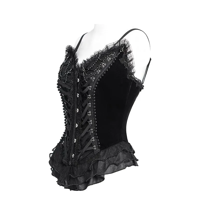 Gothic-Überbrustkorsett mit Schnürung und Perlenspitze für Damen, Schwarz