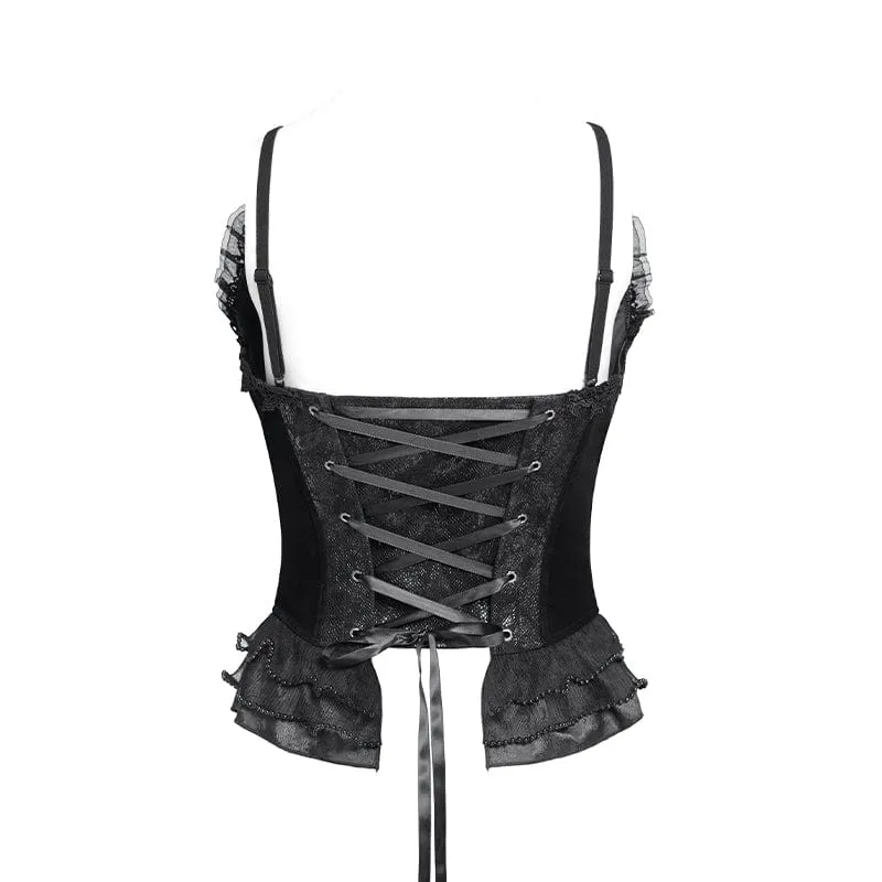 Gothic-Überbrustkorsett mit Schnürung und Perlenspitze für Damen, Schwarz
