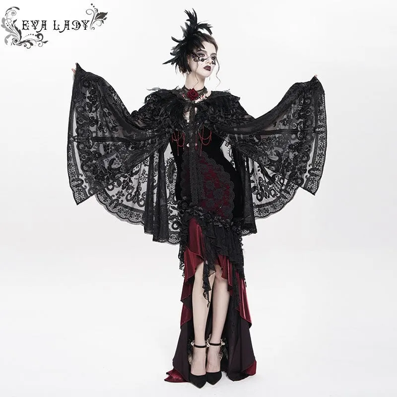 Gothic-Umhang mit Blumenstickerei und Federn für Damen