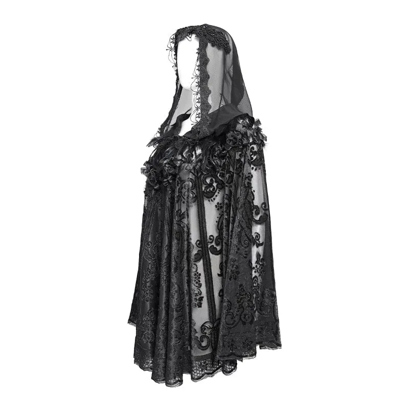 Gothic-Umhang mit Blumenstickerei und Federn für Damen