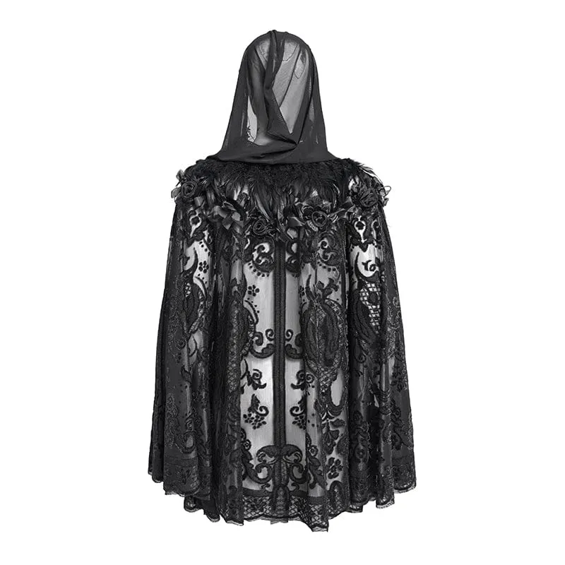 Gothic-Umhang mit Blumenstickerei und Federn für Damen