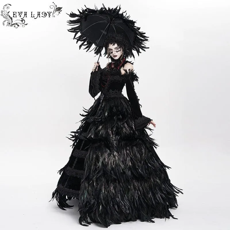 Gothic-Regenschirm mit Federn und Rüschen für Damen